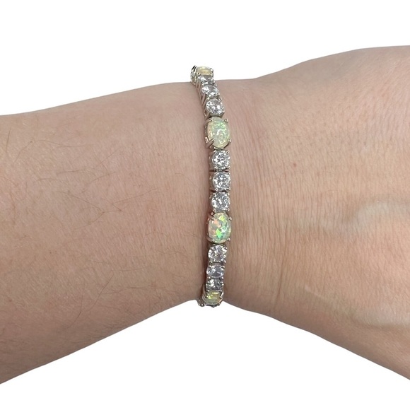 Synthetic Opal and Rhinestone Bolo Slide Lock Silver Tone Bracelet - Picture 6 of 9